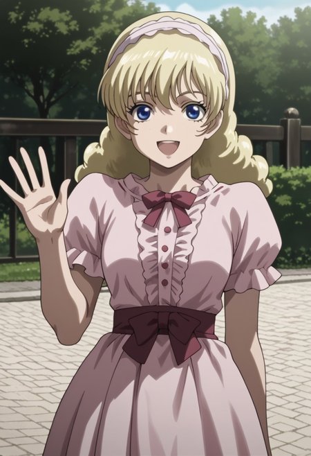 score_9, score_8_up, score_7_up, source_anime,masterpiece,best quality,highres,absurdres,official art,official style,source_anime,anime screencap,anime coloring,megami magazine,anime,animated,zPDXL2,skin highlights, (1girl,solo,looking at viewer), Patty_Lowell, blonde hair, blue eyes, puffy hair, pink dress, frills, open mouth smile, standing, waving, arm straight up, outside, sunny