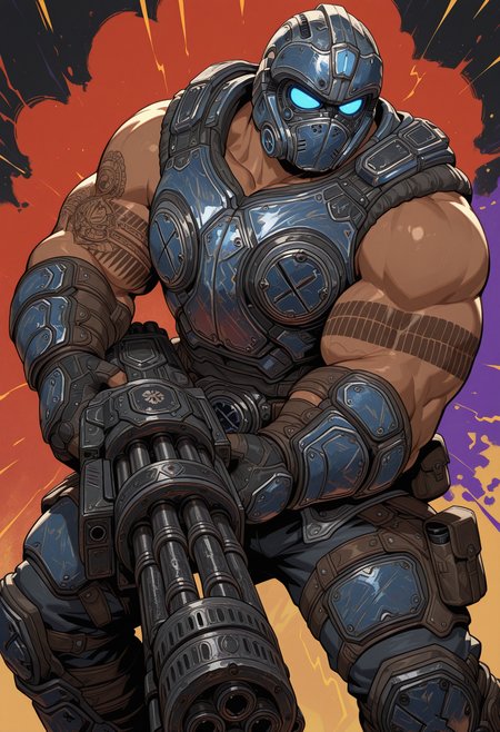 solo, abstract background, multicolored background, three-quarter view, dynamic pose, 1boy, claytoncarmine, helmet, dark-skinned male, arm tattoo, bara, male focus, armor, holding gatling gun, muscular,
masterpiece, perfect quality, best quality, detailed, newest, very aesthetic
<lora:Illustrious\Characters\Masked\ClaytonCarmine_GearsOfWar_V1_ILXL:1.0>