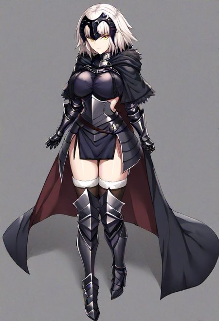Jeanne_Armored, white hair, short hair, yellow eyes, headpiece, black armor, breastplate, short dress, armored skirt, vambraces, underbust, metal collar, fur-trimmed capelet, cloak, belt, scabbard, thighhighs, armored boots, thighhighs under boots, 
masterpiece, best quality, very aesthetic, absurdres, 1milf, 1adult, solo, full_body, tachi-e,