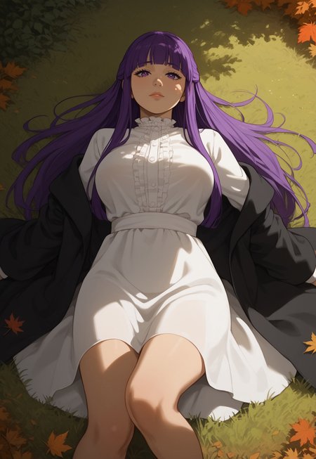 safe_pos, score_9,score_8_up,score_7_up,score_6_up,score_5_up, masterpiece, best_quality, ultra-detailed, from above, face focus
BREAK 
1girl, solo, fern \(sousou no frieren\), large breasts, long hair, purple hair, half updo, blunt bangs, purple eyes, sitting on floor rug, open robe, long dress, leaning back, seductive look, aroused, horny, knee up, bare feet
BREAK
grass, autumn leaves, tree roots, rocks, dappled sunlight, shadows across face