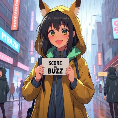 masterprice,  score_8_up, score_8, score_9,  cybeprunk city, city street, future, an anime girl in the raincoat, holding sign some buzz, colored shadows on face, buzz,  rain, wet face