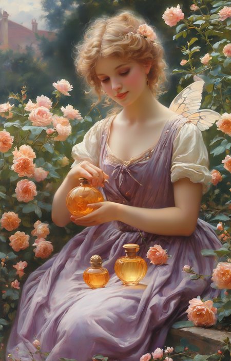 masterpiece,best quality,<lora:tbh270-sdxl:0.9>,illustration,style of Guillaume Seignac A bottle of perfume in garden