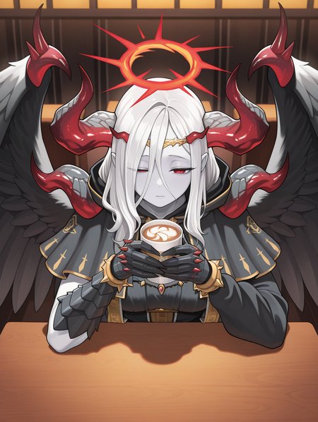 fallen angel, condemned darklord, cup, solo, 1girl, white skin, sitting, indoors, restaurant, table, half-closed eye, red halo, holding cup, gold circlet, black gloves, black feathered wings, black dress, black capelet,
masterpiece,best quality,amazing quality,very aesthetic,absurdres,newest,<lora:Condemned Darklord illuXL v1.1:0.75>,