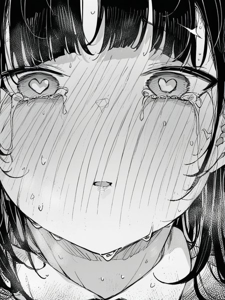 score_9, score_8_up, score_7_up,  
1girl,  monochrome, black hair, long hair, close-up, face, heart shaped pupils, tears, parted lips, full face blush, looking at viewer, white background,