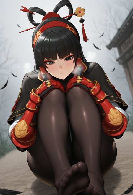 greembang, outdoors, undershirt, falling feathers, black bodysuit, hair stick, hugging knees, knees to chest, gauntlets, eyeshadow, red gloves, two sides up, black capelet, red hairband, black eyes, 1girl, solo, feet, visible breath, dynamic angle, foreshortening, smell, steam,