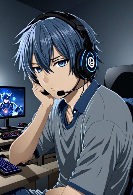 high resolution, solo, best quality, 1Boy, Tomoya Okazaki, Grey Blue Hair, gamer, bedroom, night, pc, sit, headset, portraits, OverallDetail