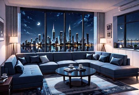 ((front view)), Shallow scene, (((animation style))), (night), modern-style interior, with white walls, (large windows), a  study, Sofa, coffee table, bookcase, single wall, ((dark room)), quiet and mysterious night sky, starry sky, moonlight, city night view, (City high-rise building scenery), (City scenery outside the window)