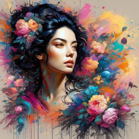 inkbaroque, 1woman, portrait, black hair, flowers, colorful, beautiful lighting,