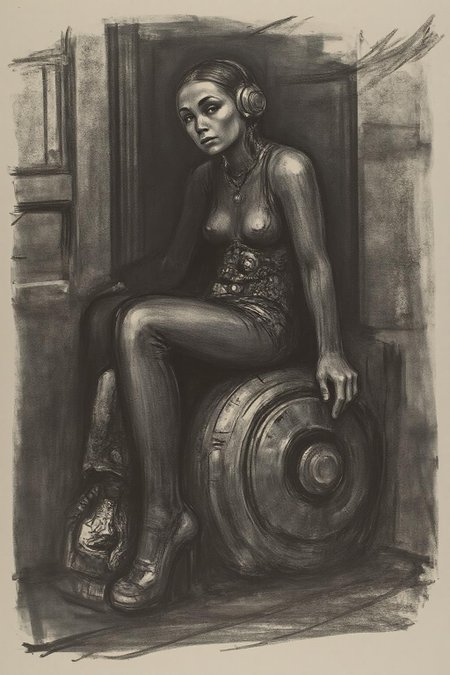 kako1 black and whitel charcoal drawing. 
a striking, futuristic scene depicts a woman dressed in sleek, form-fitting leather attire, sitting confidently atop an open power suit, inspired by the cyberpunk aesthetics of Masamune Shirow. The power suit, a blend of advanced technology and military-grade armor, features intricate mechanical details, exposed wiring, and a robust, yet streamlined design. The woman, wearing a cutting-edge VR headset, exudes a sense of control and mastery over the machine beneath her. Her posture is relaxed yet commanding, with one hand resting on the suit’s metallic surface and the other casually holding a piece of advanced tech. The background is a high-tech industrial setting, with dim lighting that casts dramatic shadows, highlighting the fusion of human and machine. The overall atmosphere is one of futuristic coolness and cybernetic elegance, capturing the essence of Shirow’s iconic style   <lora:kako1_litho_nocap_d6a3:1.0><lora:814724256605910100:0>