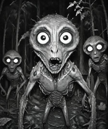 Camera trap, monochrome, creepy alian looking at the camera, horror   <lora:Camera trap:1>
