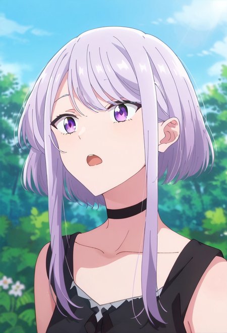 score_9, score_8_up, score_7_up, source_anime, amasawakyou, collarbone, bare shoulders, outdoors, portrait, dress, :d, day, choker, black shirt, open mouth