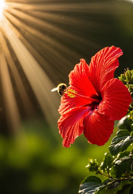 macro photography, bee, (pollen), red hibiscus, morning dew, golden hour, light rays, <lora:add-detail-xl:1>