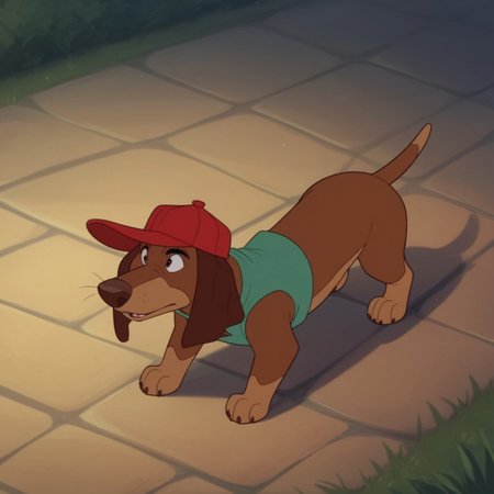 score_9, score_8_up, score_7_up, score_6_up, score_5_up, score_4_up, source_furry, ItchyItchiford, feral, male, Dachshund, brown fur, green shirt, sleeveless, red hat, running on all fours, outside,