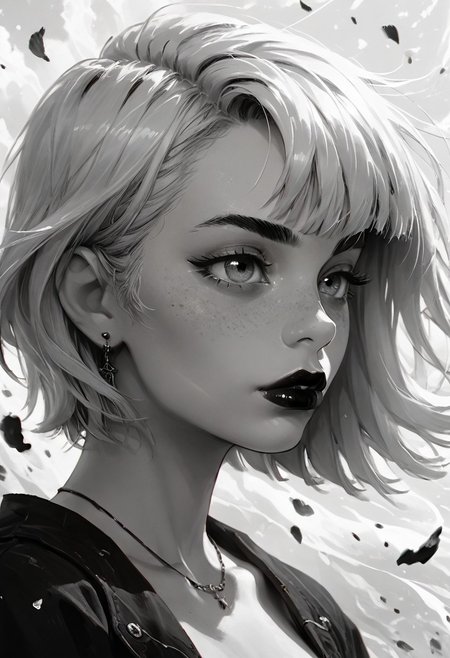 score_9, score_8_up, score_7_up, score_6_up, aesthetic, punk, goth girl, g0thicPXL, 
1girl, (sexy 18 year old tomboy, perfect body, fair skin, cute face, freckles, dimples, green eyes, medium breasts, large eyes, petite, very cute, white hair, bob cut, sidelocks, thick eyebrows,)
(((detailed background))), vibrant, lively, (masterpiece:1.2), ultra-detailed, (best quality), illustration, (Depth of field), dynamic lighting, high-contrast, (flashy gyaru:1.2), (dynamic and energetic poses:1.2), 
add_detail:1, add_detail:0, add_detail:0.5, close up, half body shot,
((((
black lips, white theme:1.4, deep black and white, mysterious atmosphere:1.2, her hair blows in the wind, attractive, portrait, dark fantasy world, 
<lora:CharcoalDarkStylePony:0.25>
)))),