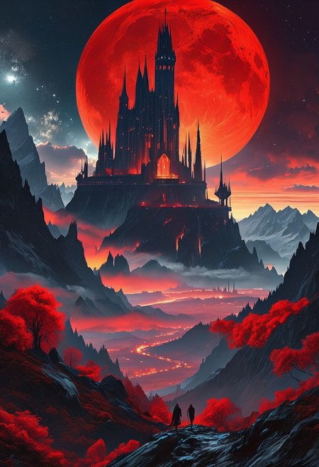 A captivating night scene illustration featuring a forboding and haunted futuristic space base on a great  great mountain. The great technologically advanced base and mountain are much like Neuschwanstein Castle in Bavaria.  This enchanting artwork captures a dark and ominous night, where an ominous red bloodmoon hangs above and over the  tree covered mountain range and advanced space fortress which  stands resolute amidst the great mountains, winged flying spaceships flying around, creating a cinematic experience., illustration, cinematic
<lora:DonM3t3rn1tyXL-v1.1:0.7>, DonM3t3rn1tyXL,
OverallDetailXL  <lora:MJ52:0.3>  <lora:SDXLFaeTastic2400:0.4>  <lora:EpicF4nta5yXL:0.7>