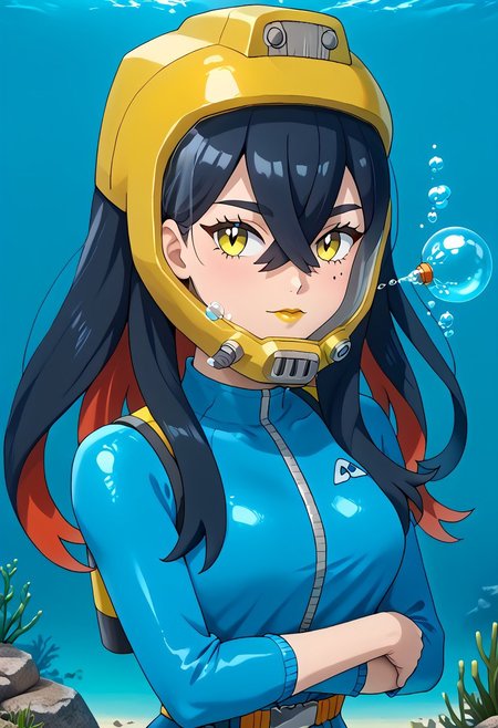 PokemonStyle, pokemon \(anime\), full body,solo female, score_9, score_8, score_7, score_6_up, source_anime, anime coloring, anime screencap, official art,
BREAK full body, 1girl, black hair, colored inner hair, crossed bangs, hair between eyes, hairband, long hair under helmet, mole, mole under eye, multicolored hair, red hair, sidelocks, two-tone hair, yellow eyes, low lipstick only, floating hair, (blue wetsuit), long sleeves, bare legs, beautiful legs, barefoot,
BREAK
(pokemoncarmine wearing (snug fitting, head-sized(yellow diving helmet ))), (helmet overlapping chin, helmet overlapping cheeks, helmet overlapping jawline, helmet overlapping ears), shiny glass visor:0.5, 
BREAK underwater, seafloor, rocks, sea-green background:0.25, sea-green overlay:0.55, seaweed, neck 
BREAK blue background:0.25, bubbles, BREAK mask snugly on face, regulator, breathing tube, orange oxygen tank strapped to back, harness tightly on chest, belt, swimmingai, floating, bubbles, looking at viewer, diving, looking to side, aloof, closed mouth, vents on helmet, covered ears,