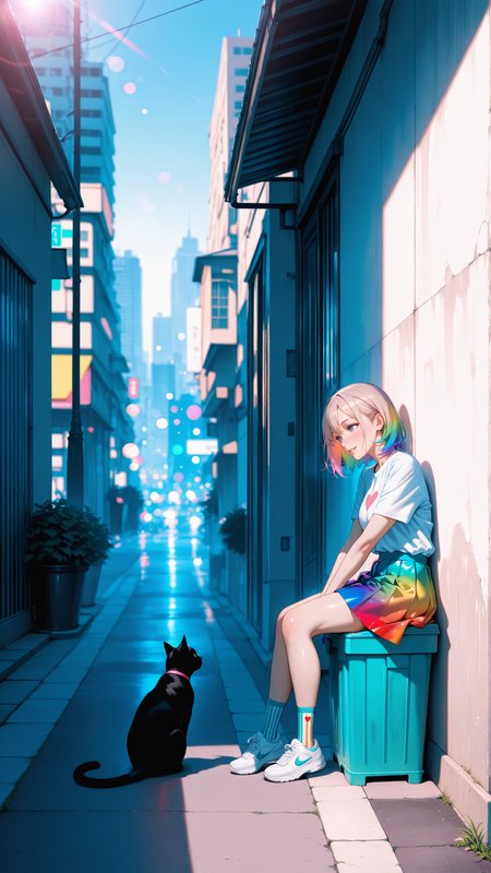 HDR, 8K, high contrast, masterpiece, best quality, amazing quality, very aesthetic, high resolution, ultra-detailed, absurdres, (best quality:1.1), realistic, pastel colors, sideways, lens flare abuse, depth of field, 
1 woman, leaning against wall, rainbow gradient skirt, shiny skirt, happy, sneaker, vertical-striped socks,  sidewalk, cityscape, black cat sitting on a trash can, hearts, dusty