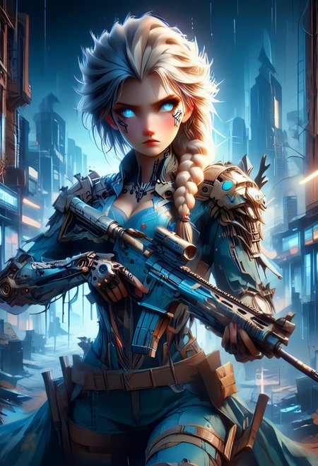score_9, score_8_up, score_7up, (Masterpiece:1.4), (best quality:1.2), (vivid colors), cyberpunk, nipple, grey and yellow, background, <lora:Neon_Splash_Art_for_Pony:1>, (Masterpiece:1.4), (best quality:1.2), (vivid colors), mad-cbrpnksplshrt, best lighting, vivid color, easynegative, full body picture, full length portrait, ElsaXPL, white hair, cleavage, blue clothes, (single braid over shoulder:1.4), cybrk, cyberpunk, cyberpunk body armor, assault rifle, hold an assault rifle, ho1ding-weap0n, holding rifle, sliver snowflake crest, shoulder pads, cargo pants, high heel boots, bright color, digital art, selective brightness, easynegative, neon lights, rainy city streets, standing in the middle of a street, blood splatter clothes, holding assault rifle, fierce expression, wet hair, smoldering eyes, beautiful, large breasts, view down a dirty street, trash, Post apocalyptic, Android, Futuristic image, Cyberpunk city