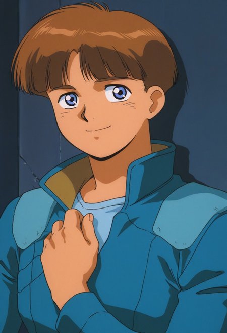 score_9, score_8_up, score_7_up, source_anime,masterpiece, best quality,  1990s_\(style\),retro_artstyle,perfect_anatomy,a boy,Uso_Ewin,solo,blunt_bangs,blue_eyes,brown_hair,short_hair,jacket,shirt,(detailed face and eyes,smile:1.2), BREAK  (character focus,close to viewer,upper body),BackAlley