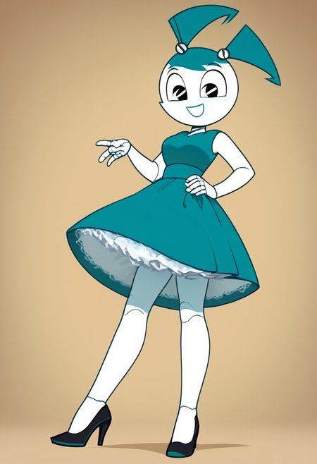 (Masterpiece, best quality:1.2), score_9, score_8_up, flat color, flat shading, soft shading, lighting, Jenny Wakeman as an adult, in a 1950's full length formal blue skirt, a white belt, button down v-neck formal black top, a fluffy frilly ruffled full white petticoat, and black high heels, dress, layered petticoat, frilly petticoat, fluffy petticoat, full petticoat, detailed petticoat ((wide skirt, detailed outfit, flowing skirt, long skirt, solid blue colored skirt, black high heels)), blue hair, series accurate, cute, best high quality, high res, robot, humanoid robot, medium breasts, whole body shot, 1girl, ((solo, outdoors, looking at you, low angle)), cute, seductive, seductive smile, half lidded eyes, low angle shot, cartoon, cartoon style, vector, solo, circle dress, 1950s, whisperfoot_style, dance dress jenny, jenny wakeman, 1girl, solo, robot joints, black eyes, white skin, ponytail, hair bow, blue rose chest corsage, poofy dress, blue hair, flat lighting