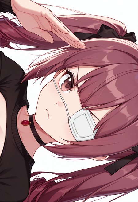 Smooth Quality,masterpiece,very intricate, high quality details, ultra realistic, high detailed skin,detailed enviorement,absurdres,
salute,
 <lora:Hanazono_Yurine_CNR:0.8> yurine_cnr, brown hair,very long hair, brown eyes, medical eyepatch, frown, twintails, drill hair,, simple background, white background, sideways,solo,, grimace,, shrug,  ,choker sweater,  ,godet skirt,  ,