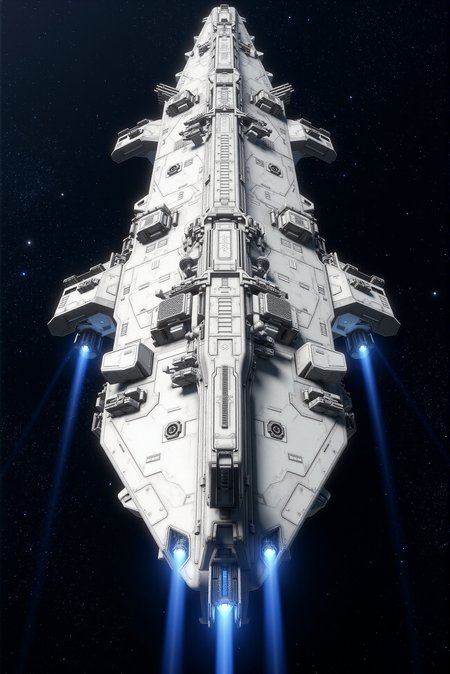 <lora:SpaceCraft_v.3:0.8>
A colossal dagger-shaped spacecraft glides through the void, its pale hull forming a perfect isosceles geometry encrusted with modular gun arrays, communications fins, and inset launch bays. The surface shows stark white plating with subtle panel line etching, dotted by gray mechanical recesses and glowing engine cores at the stern. Blue thruster exhausts stream faintly behind, scattering against the vacuum. The scene is cast in deep space with distant constellations twinkling faintlyâemphasized by sharp light falloff and near-perfect contrast. Rendered from a three-quarter overhead angle with zero atmospheric haze, the ship is depicted in hyper-clean military sci-fi style, blending architectural symmetry and minimalist surface texturing with precision lighting and extreme visual clarity. The design evokes high-command dreadnought aesthetics fused with anime-inspired structural logic and interstellar authority.