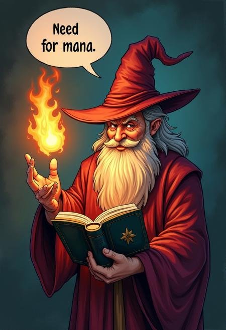 wizard holding firing book , speech bubble says "need Buzz for mana",
