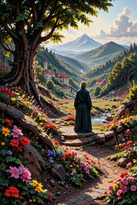 (flower garden:1.3),  beautiful (Croatian) fantasy landscape,  evening, woman, intricate, very detailed, sharp, colorful, <lora:Hand v2:1> <lora:Anti-Blur:1> <lora:Insane Detail Slider:0.5>   <lora:Flux.1_Turbo_Detailer:0.6> <lora:flux-photo-transparent_Alpha_1.0:0.8> <lora:flux.1_lora_flyway_Epic-detail_v2:0.6> <lora:Painterly01b_CE_FLUX_AIT:0.8> pntrlyCE_style, <lora:VividlySurreal:0.8>, <lora:FluxMythP0rtr4itStyle:0.8> mythp0rt