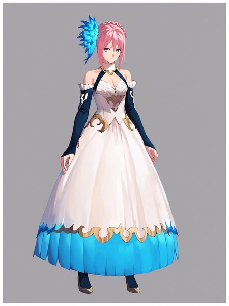 score_9, Score_8_up, Score_7_up, Score_6_up, masterpiece,  best quality, very aesthetic,  <lora:Shionne_V2:1>  15 shionne 01b weddingdress, shionne 01b, pale skin, long hair, (blue eyes), wedding dress 1girl, solo, breasts, 1Girl, hair ornament, thighhighs, dress, bare shoulders, full body, pink hair, braid, detached sleeves, black thighhighss   <lora:detailed_backgrounds_v2:0.6> scenery,