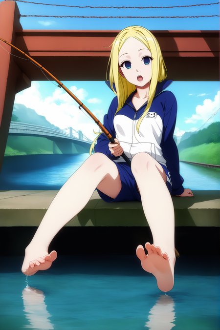 pixiv masterpiece, source_anime, score_9, score_8_up,  score_7_up, score_6_up, absurd res, BREAK
 <lora:Nino_arakawa_under_the_bridge_illu_v24-000017:1>, nino_arakawa_il, 1girl, solo, tracksuit, number_tag, blue_shorts, looking at  viewer, full body, feet,small breasts, open mouth, sitting, holding  fishing rod,  water,  sunny day, (bridge:0.85),  <lora:foot focusv1.1:0.8>, feet, toes, foot, barefoot,