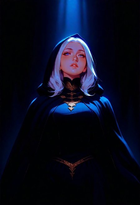 best quality, amazing quality, very  esthetic, newest, scenery, high-resolution, masterpiece,1girl, Wearing a traditional medieval cloak, made of blue, gold, and black fabric. Her gaze is soft and thoughtful, drawing attention to the fine details of her features, big breast, white hair. solo, dark background, Cinematic Lighting, 
 elegant moonlight, Elegant. close up,  parted lips.