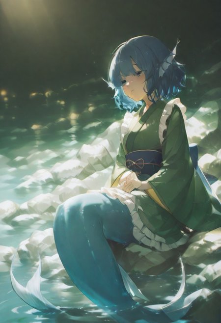 volumetric lighting, ambient occlusion, luminescent background, masterpiece, very awa, a mermaid sitting on a rock
BREAK
wakasagihime, 1girl, solo, blue eyes, blue hair, short hair, drill hair, head fins, mermaid,green kimono, frilled kimono, wide sleeves, blue obi, yellow obijime,