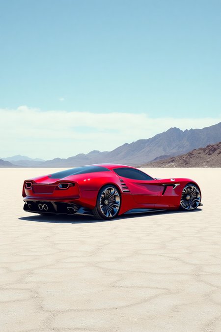 masterpiece photo realistic, a red Montreal Vision GT car on a dried lakebed in the dessert, car photography