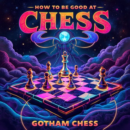 book_cover, title "How to be good at chess?" written by Gotham Chess",  Psychedelic book cover design, featuring a surreal chessboard with warped, colorful squares, swirling patterns in vibrant hues, floating chess pieces, neon accents, glowing edges, abstract textures. The title "How to be good at chess" in large, bold, stylized font at the top, written by "Gotham Chess" in smaller font below. Background filled with fractal-like patterns, dreamy cosmic elements like stars and nebulae. Chessboard is slightly tilted, pieces defying gravity, glowing lines connecting them. The overall design has a mystical, mind-bending feel, inspired by the 1960s psychedelic art movement, with intense colors, intricate details, and a kaleidoscopic, hypnotic atmosphere.