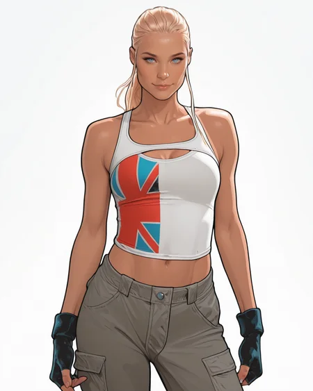 masterpiece, best quality, absurdres, perfect quality, absolutely eye-catching,   <lora:JeffSpokesIllus:1> jspokes,    <lora:JennySparksIllus:1> jennysparks, blonde hair, blue eyes, ponytail, sidelocks, tank top, clothing cutout, pants, fingerless gloves, midriff, solo, seductive smile, cowboy shot, simple background,