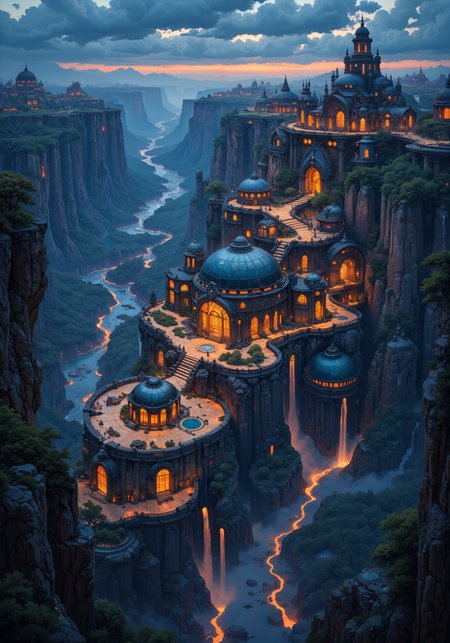 A breathtaking aerial perspective of a colossal canyon city at dusk. Vast, layered canyons blend with futuristic urban clusters clinging to rugged cliffs. Intricate rock textures and crystalline water features create a dynamic interplay between natural grandeur and visionary architecture. Expansive composition highlights interwoven streets, reflective glass domes, and radiant neon accents against deep indigo skies and fiery amber highlights. Dramatic, atmospheric lighting casts elongated shadows and illuminates cascading waterfalls along winding river courses. Advanced quality enhancersâ8k, masterpiece, intricate details, volumetric lightâelevate the cinematic framing of this surreal vista. Emotive, evocative color palettes and meticulous spatial dynamics celebrate the monumental scale of this urban oasis carved into nature's embrace. <lora:Niji V2B:0.5> <lora:ArtNouveau2Flux:0.7> <lora:flux_dev:1>