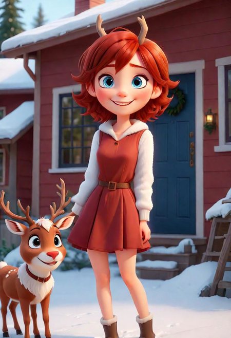 (disney pixar style:1.2) (cute adorable girl:1.15) (adult age 19:1.2)  short cherry darkred hair, smiling, thin and fit, wearing a red dress, large breasts, big blue eyes, anthro reindeer, big reindeer horns, standing outside her house in winter, the house is decorated for christmas