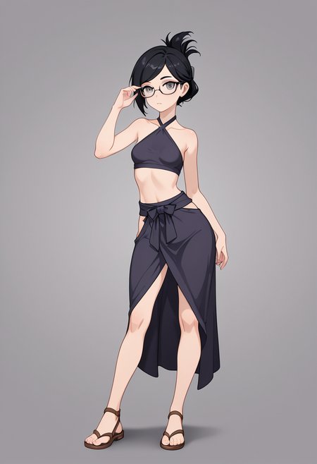 lazypos, 1girl,  small breasts, black hair, folded ponytail, gray eyes, glasses, swept bangs, (purple eyeshadow:0.5), contrapposto, sandals