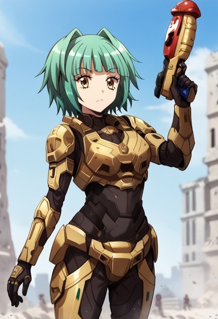 score_9, score_8_up, score_7_up, Spartan, Dark grey spartan armor, without helmet, city in ruins and flames, athletic, 4K, High definition, best quality, expressive eyes, anger look, battle pose, perfect face, from head to toe, without helmet, kaede kayano, short hair, bangs, brown eyes, yellow eyes, green hair, hair intakes, anime screencap, <lora:kaede-kayano-s1s2-ponyxl-lora-nochekaiser:1>, solo