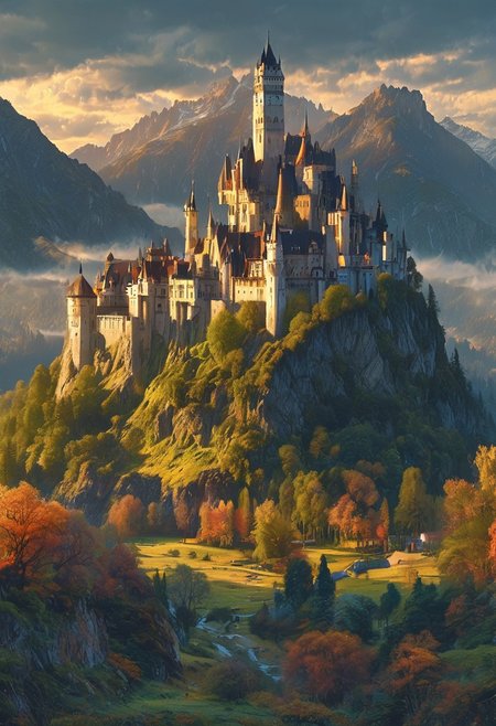 A captivating night scene illustration featuring a beautiful castle on a great and luxurious castle great mountain. The castle and mountain are much like Neuschwanstein Castle in Bavaria.  This enchanting artwork captures a serene and peaceful early morning, where the sun is just starting to rise over the beautiful tree covered mountain range and castle which   stands resolute amidst the great mountains, creating a cinematic experience., illustration, cinematic
<lora:DonM3t3rn1tyXL-v1.1:0.7>, DonM3t3rn1tyXL,
OverallDetailXL  <lora:MJ52:0.3>  <lora:SDXLFaeTastic2400:0.4>  <lora:EpicF4nta5yXL:0.7>