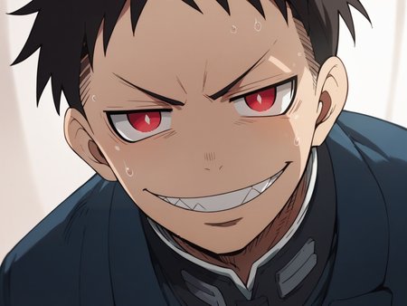 score_9, score_8_up, score_7_up, score_6_up, score_5_up, <lora:fforceXLP:1> fforce, 1boy, male focus, black hair, solo, school uniform, gakuran, smile, red eyes, looking at viewer, sweat, grin, teeth, pink eyes