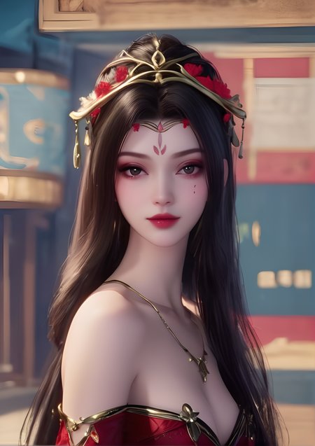 profile,ultra realistic 8k cg,picture-perfect face,flawless,clean,masterpiece,professional artwork,famous artwork,cinematic lighting,cinematic bloom,perfect face,beautiful face,beautiful eyes,fantasy,dreamlike,unreal,science fiction,absurdly long hair,very long hair,(rich:1.4),detail,delicate pattern,charming,alluring,seductive,erotic,enchanting,hair ornament,looking at viewer,sexy,charming,alluring,seductive,
1girl,black hair,breasts,red dress,facial mark,forehead mark,hair flower,hair ornament,jewelry,solo,paimaishi,<lora:meiya_V2:1>,