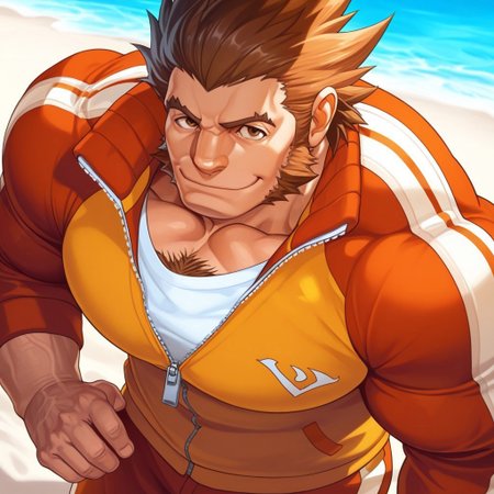 safe_pos, safe_pos, source_anime, detailed background, (score_9, score_8_up, score_7_up), zoroj, masterpiece, best quality, high quality, ultra detailed, highly detailed, high detail, artistic lighting, (highly detailed face, (perfect face, perfect eyes)), depth of field, perfect soft lighting, best shadows, perfect reflections, volumetric, detailed image, high resolution, defined faces, sharp definition,

solo, 1boy, male focus, Will Powers, brown eyes, brown hair, spiked hair, long sideburns, track suit, thick chest hair, musclebears, muscular male, bara, hyper muscles, veiny muscles,

beach, front view, front angle, cowboy shot, standing, looking at viewer, smile, closed mouth,
