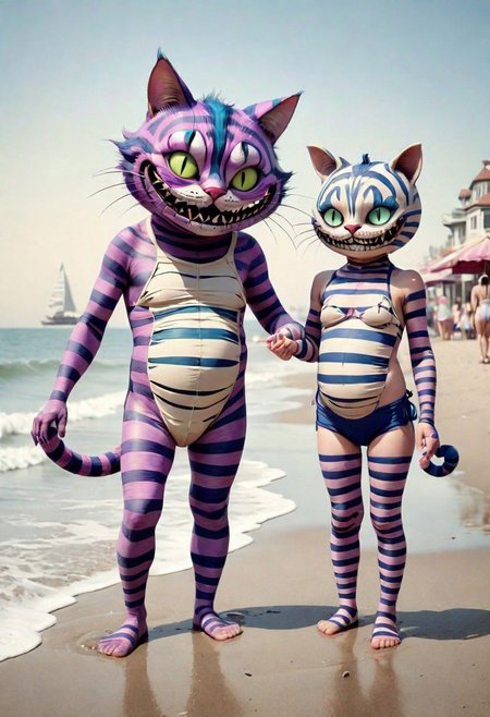 surreal  cheshire cat  ,mummy,daddy ,toddler   1920 style bathing suits )))beach  promenade