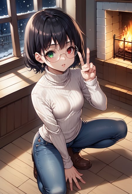 score_9, score_8_up, score_7_up, source_anime, 1girl, solo, looking at viewer, mskr, black hair, short hair, small breasts, turtleneck sweater, ribbed sweater, earrings, round eyewear, indoors, wooden floor, fireplace, (persian carpet), carpet, squatting, peace sign, hand up, red eyes, heterochromia, green eyes, jeans, window, night, snowing, on floor, parted lips