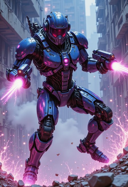 pinkmechalux, An elite cybernetic commando with slick body plating, mid-jump with twin pulse pistols firing, surrounded by bullet trails and shattered holographic glass.
