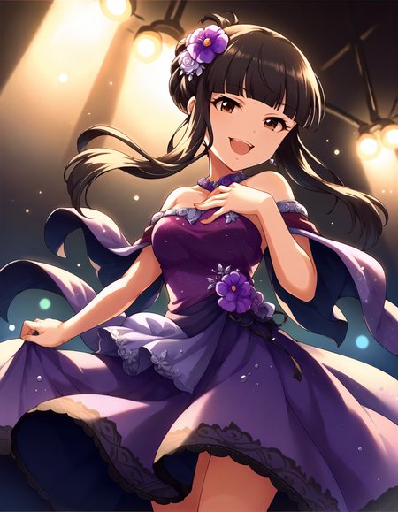score_9,score_8_up,score_7_up,1girl,solo,cowboy shot,looking at viewer,smile,open mouth,hand on own chest,stage lights,
<lora:kurokawachiaki_ponyXLV6:0.8>,cgkca,
black hair,single hair bun,blunt bangs,brown eyes,
hair flower,purple dress,strapless