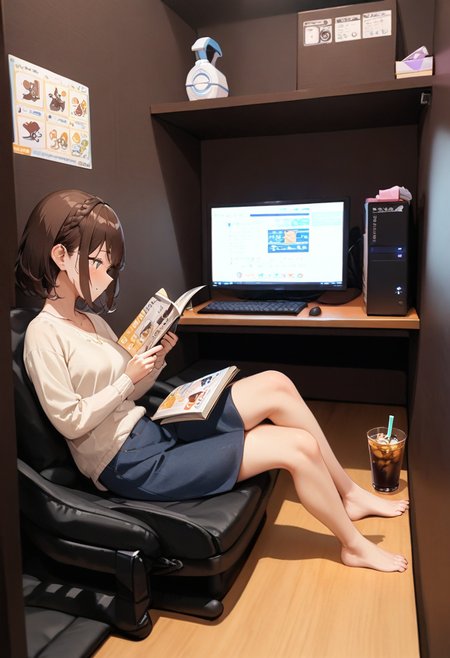masterpiece, best quality, very aesthetic, absurdres,
necafe, scenery, 1girl, solo, brown hair, sitting, reading, indoors, chair, drinking straw, book, cup, computer, braid, drink, barefoot, short hair, crossed legs, skirt, desk, monitor
 <lora:netcafe_SDXL_V1:1>