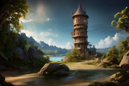 realistic analog photo, award winning photo, vary wide shot of stone witow tower:1.3, (Military watchtower), beach, dirt road, nature, outdoors, RAW, highres, 8k, uhd, High Dynamic Range, tonemapping, crisp details, no humans, palm tree, plant, rock, scenery, shore, sky, summer, sunlight, tree