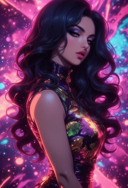 aidmaGlow, closeup side portrait of stunning oriental woman, long flowing hair, dark eyeshadow, red lips, silk cheongsam, cleavage, splashing, abstract ink splash, psychedelic, neon, abstract background, great lighting.